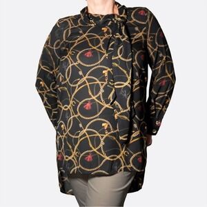 Zara Black Equestrian Chain Tassel Print Tie-Neck Blouse 0X Large Old Money